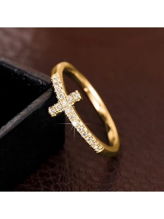 Cross Motif Elegant Channel Set Ring for Women, 14K Gold Filled Sleek Contoured Sturdy Fine Workmanship Jewelry