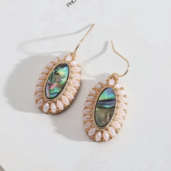 Fashion 14K Gold Plated Tiny Pearl Abalone Turquoise Stone Oval Drop Earrings