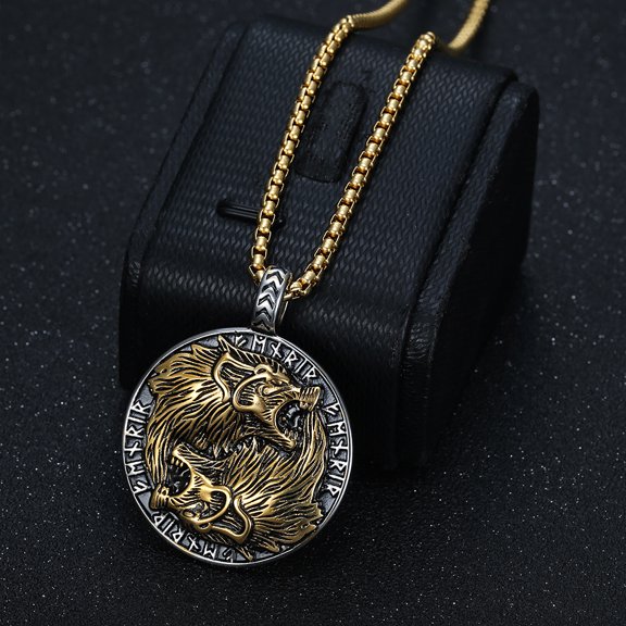 Fashion 14K Yellow Gold Pirate Viking Guardian Totem Pendant Necklace Powerful Wolf Head Retro Pendant Necklace