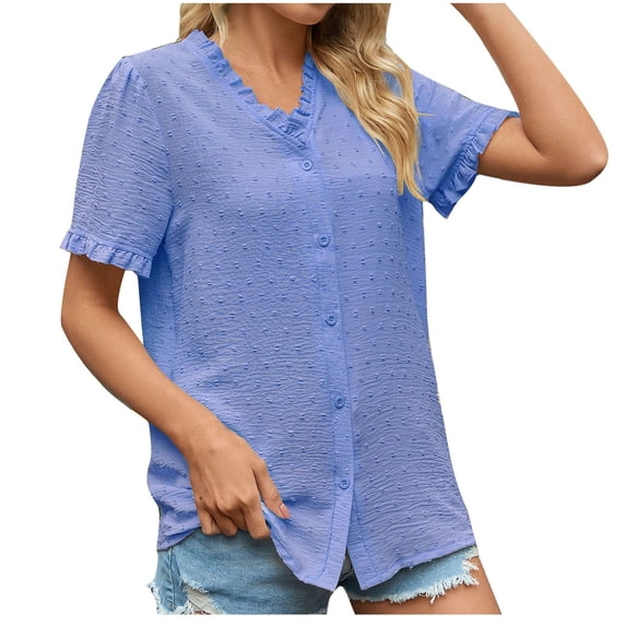 Fashion $15 & under Olyvenn Blouses for Women Dressy Casual Solid Color Button Down Short Sleeve Top Chiffon Elegant Stylish Summer Tunics 2025 Sky Blue 10