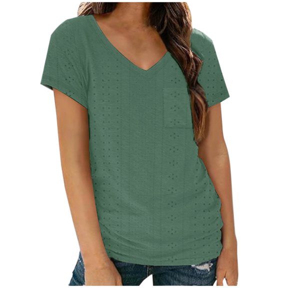 Fashion $15 & under Olyvenn Short Sleeve Shirt for Women Eyelet Tops Summer V Neck Blouse 2025 Fashion Side Smocked Casual Blouses with Pocket Green 12