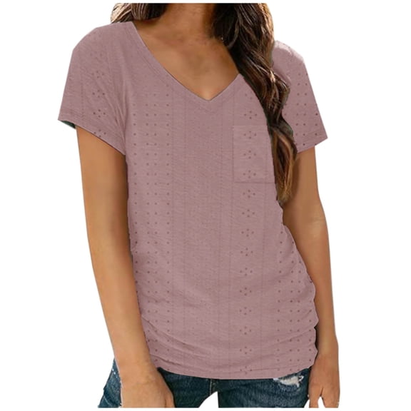 Fashion $15 & under Olyvenn Short Sleeve Shirt for Women Eyelet Tops Summer V Neck Blouse 2025 Fashion Side Smocked Casual Blouses with Pocket Pink 12