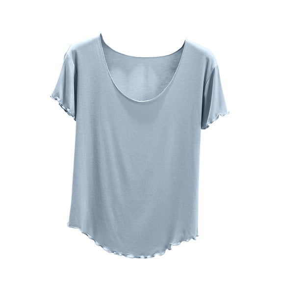 Fashion $15 & under Olyvenn Summer Casual Lace Short Sleeve Blouse for Women Modal Classic Fit Scoop Neck T-Shirt Solid Color Slim Basic Tees Tops Sky Blue 6