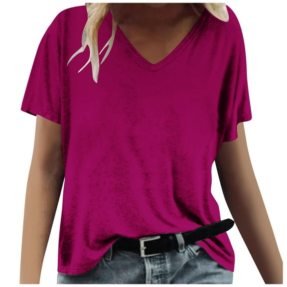 Fashion $15 & under Olyvenn Summer Tops for Women 2025 Short Sleeve V Neck T Shirts Trendy Vintage Basic Tees Loose Comfy Blouses Casual Outfits Hot Pink 6