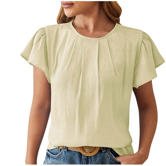 Fashion $15 & under Olyvenn Women Summer Dressy Blouses Pleated Petal Cap Short Sleeve Shirts Elegant Casual Loose Fit Tunic Blouse Business Tees Green 6
