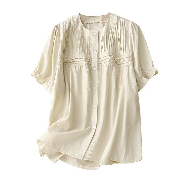 Fashion $15 & under Olyvenn Women's Cotton Linen Crew Neck Pleated Blouse Solid Color Ruffle Short Sleeve Button Tunic Shirt Boho Peasant Tops Beige 6