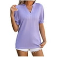 thumbnail image 1 of Fashion $15 & under Olyvenn Women's Workout Tops Fashion Casual Bubble Sleeve V-Neck T Shirt Solid Color Loose Top Blouse Puff Short Sleeve Knit Textured Regular Fit Tops Purple 6, 1 of 3