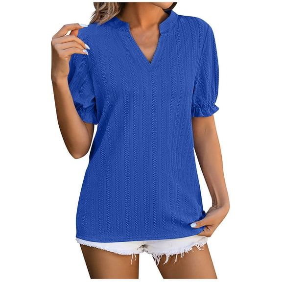 Fashion $15 & under Olyvenn Women's Workout Tops Fashion Casual Bubble Sleeve V-Neck T Shirt Solid Color Loose Top Blouse Puff Short Sleeve Knit Textured Regular Fit Tops Blue 6