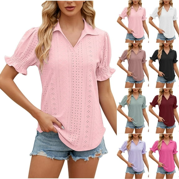 Fashion $15 & under Olyvenn Womens Short Sleeve Tops and Blouses Collared Business Casual Tops Flared Puff Sleeve Loose Fit Work Fashion Shirts Tunic Shirt Black 8