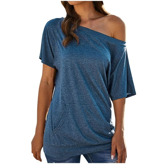Fashion $15 & under Olyvenn Womens Stylish Off The Shoulder Tops Summer Short Batwing Sleeve Loose T-Shirts Solid Color Casual Tunic Shirts Sky Blue 6