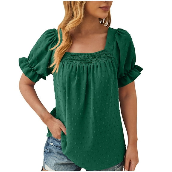 Fashion $15 & under Olyvenn Womens Summer Tops Pleated Square Neck Ruffle Trim Loose Short Sleeve Tunics Blouses Shirts Summer Casual T Shirts Green 6