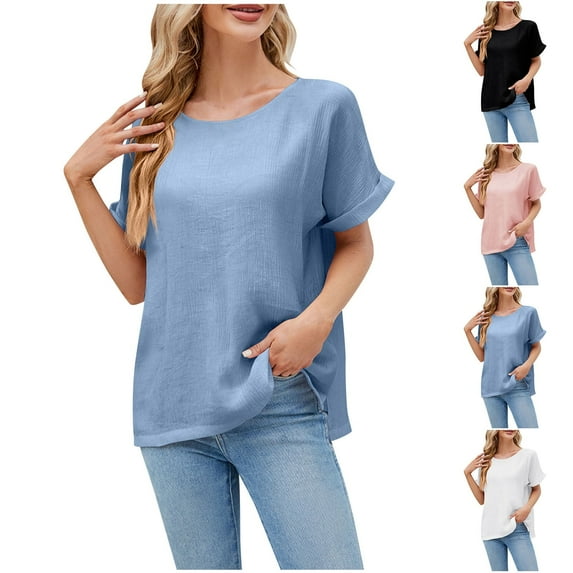 Fashion $15 & under Olyvenn Womens Summer Tops Trendy Dressy Solid Color Blouses Short Sleeves Crew Neck Loose Fit Lightweight Business Shirts Black 12