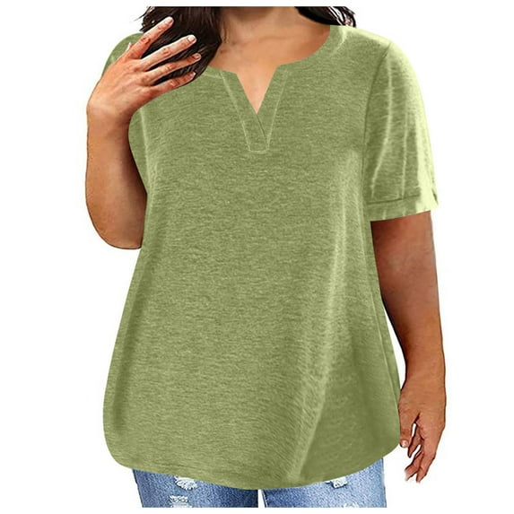 Fashion $15 & under Olyvenn Plus Size Tops for Women Summer Casual Short Sleeve Tshirt Shirts Vneck Oversized Soft Solid Basic Tees Green 18