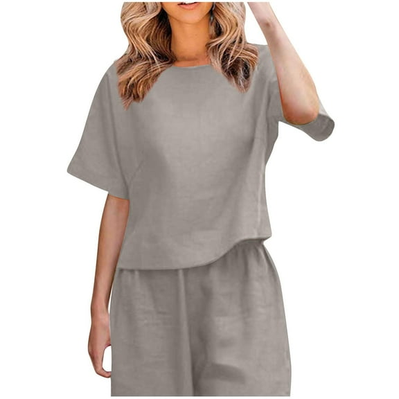 Fashion $15 & under Olyvenn Women's Linen Shirts Plus Size Short Sleeve Cotton Blouses Casual Loose Crew Neck Solid Boxy Tunics Top Gray 4