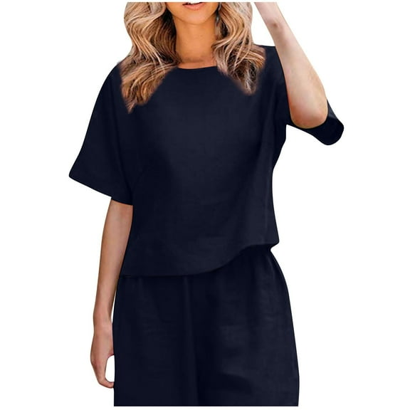 Fashion $15 & under Olyvenn Women's Linen Shirts Plus Size Short Sleeve Cotton Blouses Casual Loose Crew Neck Solid Boxy Tunics Top Navy 4