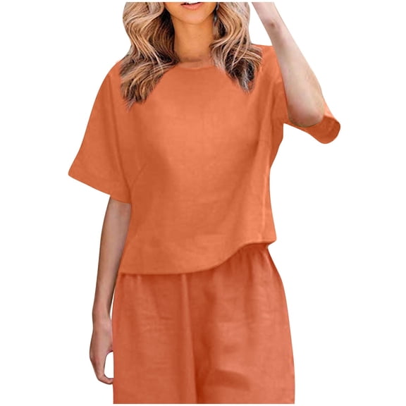 Fashion $15 & under Olyvenn Women's Linen Shirts Plus Size Short Sleeve Cotton Blouses Casual Loose Crew Neck Solid Boxy Tunics Top Orange 4