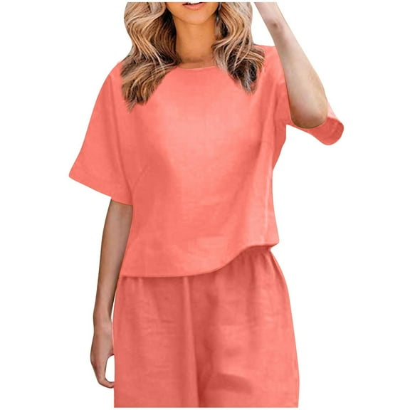 Fashion $15 & under Olyvenn Women's Linen Shirts Plus Size Short Sleeve Cotton Blouses Casual Loose Crew Neck Solid Boxy Tunics Top Pink 4
