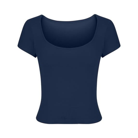 Fashion $15 & under Olyvenn Women's Soft Crop Tops T-Shirts Solid Color Short Sleeves Shirts Scoop Neck Casual Cute Slim Fit Yoga Blouses Tees Navy 4