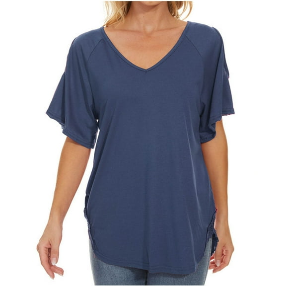 Fashion $15 & under Olyvenn Women's Summer Cold Shoulder T-Shirt Casual Short Sleeve V Neck Blouse Top Side Slit Loose Ruffled Blouse Tops Navy 10
