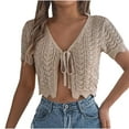 thumbnail image 1 of Fashion $15 & under Olyvenn Women's Tie Front Bolero Cardigan Lightweight Knit Hollow Out Casual Outfits Tops Cropped Soft Cardigans Khaki 10, 1 of 8