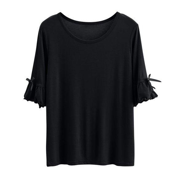 Fashion $15 & under Olyvenn Womens Summer Sport Tops Ruffled Short-Sleeves Elegant Shirts Crew Neck Solid Color Blouses Casual Cute Yoga Tees Black 6