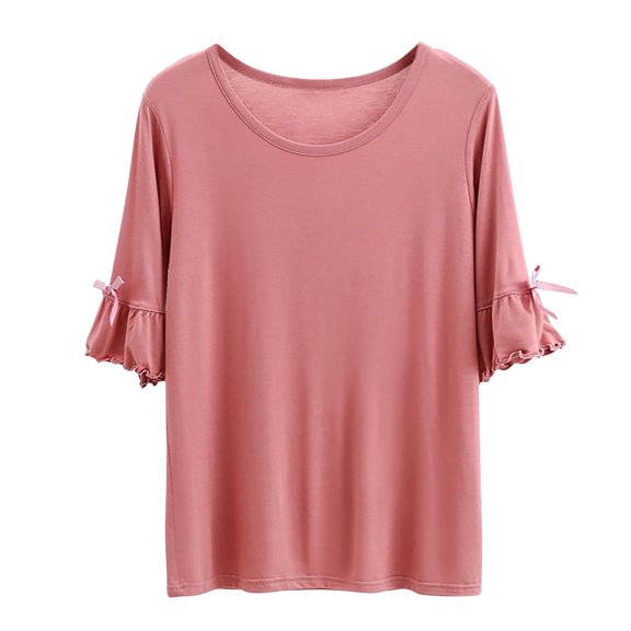 Fashion $15 & under Olyvenn Womens Summer Sport Tops Ruffled Short-Sleeves Elegant Shirts Crew Neck Solid Color Blouses Casual Cute Yoga Tees Pink 8