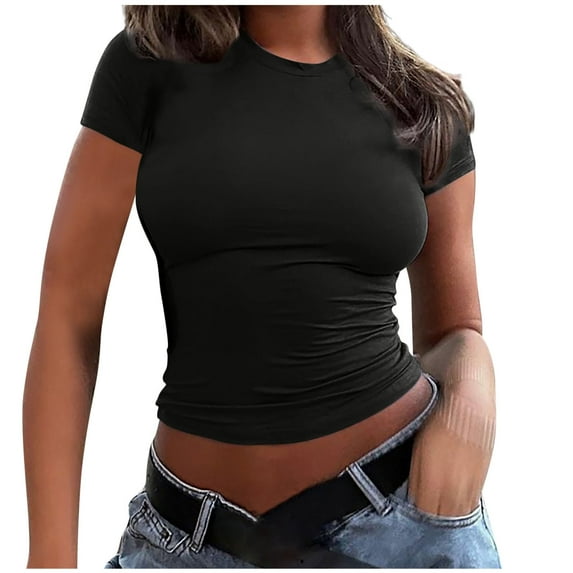 Fashion $15 & under Olyvenn Womens Tops Slim Fitted Summer Going Out Crop Tee Top Basic Baby Tees Short Sleeve Crew Neck Shirt Y2K Clothing Black 4
