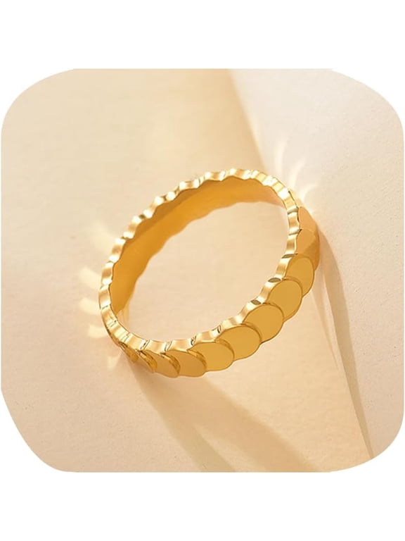 Fashion 18K Gold Plated Titanium Steel Stainless Steel Rings for Women Wavy Ring Statement Rings Plain Band Knuckle Stacking Rings Promise Wedding Band Gifts for Her 9#