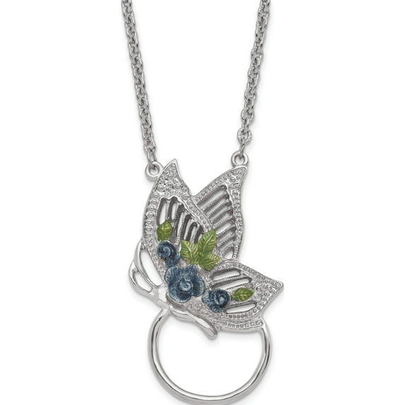 Fashion 1928 Silver-Tone Butterfly And Enameled Flower Eyewear Holder 28In Necklace Made In United States bf592