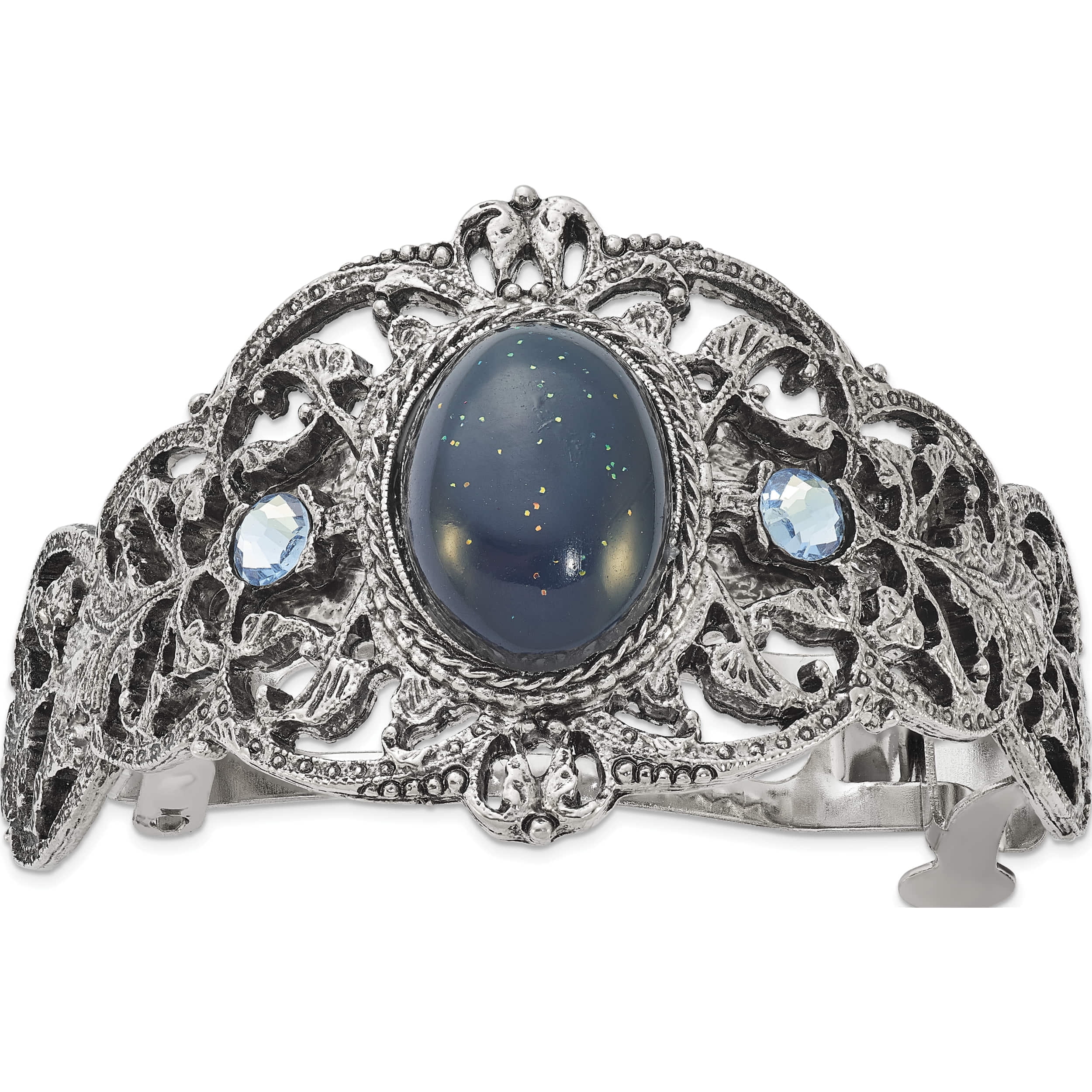Fashion 1928 Silver-Tone Filigree Blue Acrylic And Crystal Ponytail Holder (2.5 X 37.5) Made In United States bf3005