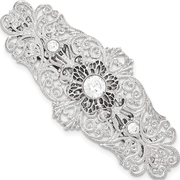 Fashion 1928 Silver-Tone White Crystal Filigree Large Barrette (3.38 X 1.5) Made In United States bf2417