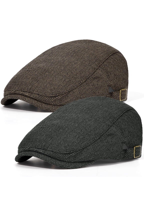Fashion 2 Pack Newsboy Cap for Men Adjustable Herringbone Tweed Wool Hats Blend Flat Cap Ivy Cabbie Driving Hat
