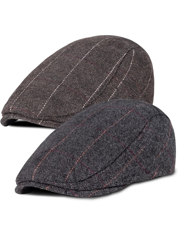 Fashion 2 Pack Newsboy Cap for Men Adjustable Herringbone Tweed Wool Hats Blend Flat Cap Ivy Cabbie Driving Hat