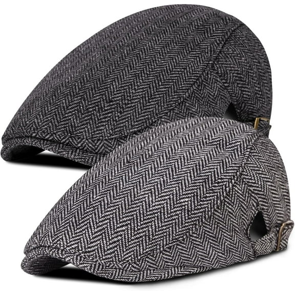 Fashion 2 Pack Newsboy Cap for Men Adjustable Herringbone Tweed Wool Hats Blend Flat Cap Ivy Cabbie Driving Hat