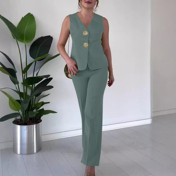 Fashion 2 Piece Outfits For Women High Waisted Solid Color V-neck Sleeveless Wide Leg Pants Loungewear Set — Green∣3XL