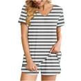 thumbnail image 1 of Fashion 2 Piece Outfits for Women Striped Casual Home Two-piece V-neck Top With Pocket Shorts Set, 1 of 6