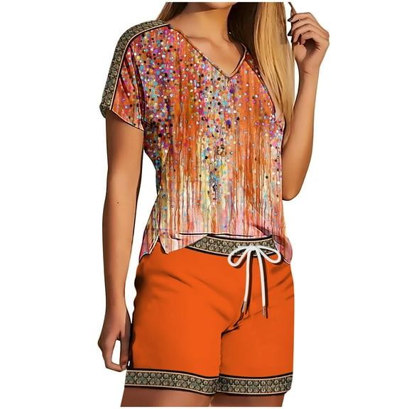 Fashion 2 Piece Outfits for Women V-Neck Shorts Sleeve Two-piece Comfortable Home Pajamas Set Sports Set