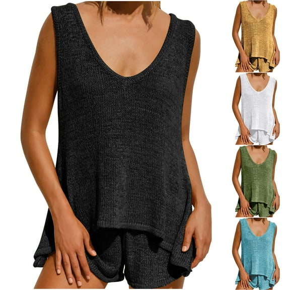 Fashion 2 Piece Sets for Women Summer Plus Size Casual Solid Color Sleeveless Shorts Set Sleeveless V-neck Top/shirt Set