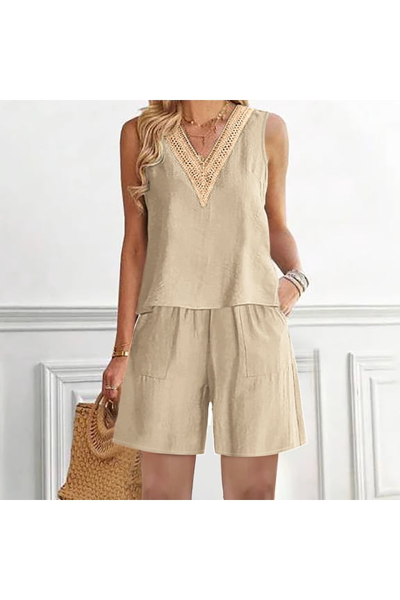 Fashion 2 Piece Sets for Women Summer Plus Size Round Neck Sleeveless Blouse +Loose Pockets Pants Sets