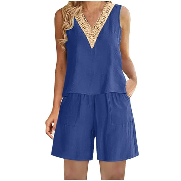 Fashion 2 Piece Sets for Women Summer Plus Size Round Neck Sleeveless Blouse Loose Pockets Pants Sets