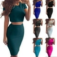 thumbnail image 1 of Fashion 2 Piece Sets for Women Summer Plus Size Solid Color Round Neck Short Sleeve Add Wrap Buttocks Skirt, 1 of 7