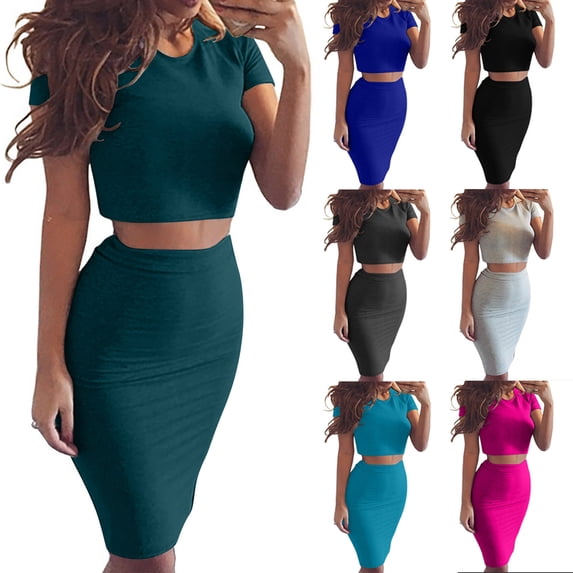 Fashion 2 Piece Sets for Women Summer Plus Size Solid Color Round Neck Short Sleeve Add Wrap Buttocks Skirt