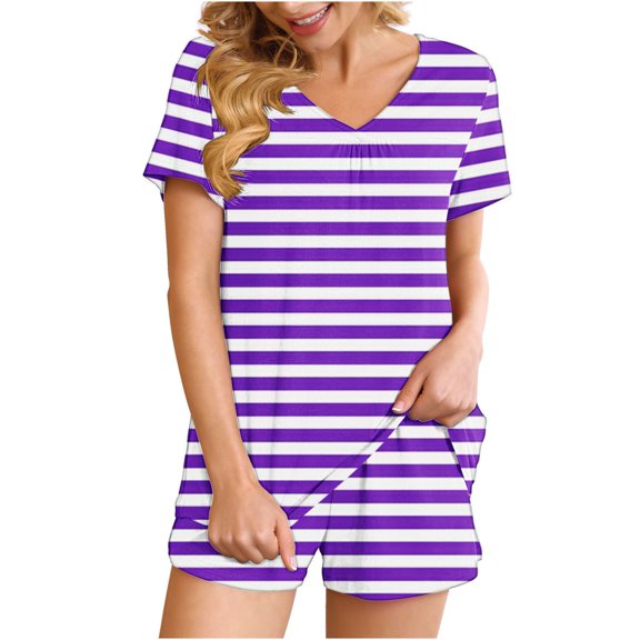 Fashion 2 Piece Sets for Women Summer Plus Size Striped Casual Home Two-piece V-neck Top With Pocket Shorts Set