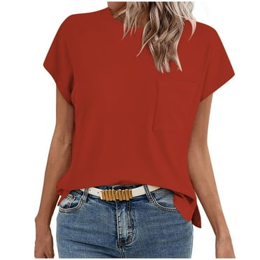 Fashion 2024 Summer Tshirt for Women Crew Neck Top Solid Color Short Sleeve Tops Womens Casual Top Ladies Front Pocket Looses Fits Tunic Comfy Flowy Tees Teen Girl Knitted Ribbed Tee Shirts