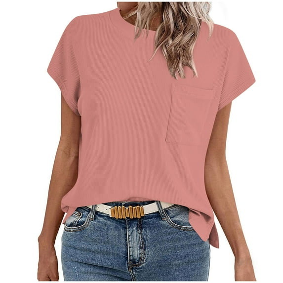 Fashion 2024 Summer Tshirt for Women Crew Neck Top Solid Color Short Sleeve Tops Womens Casual Top Ladies Front Pocket Looses Fits Tunic Comfy Flowy Tees Teen Girl Knitted Ribbed Tee Shirts