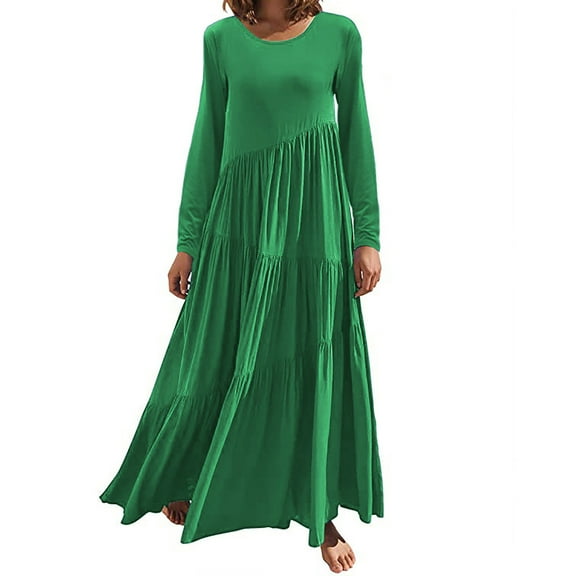 Fashion 2025 Lindreshi Maxi Dresses for Women Long Sleeve Women's Solid Color Loose Long Sleeve Long Dress Round Neck Asymmetric Layered Beach Long Dress