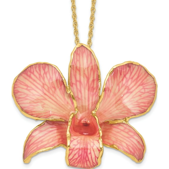 Fashion 24K Gold-Trim Lacquer Dipped Pink Dendrobium Orchid 20In Gold-Tone Necklace Made In Thailand bf2018-20