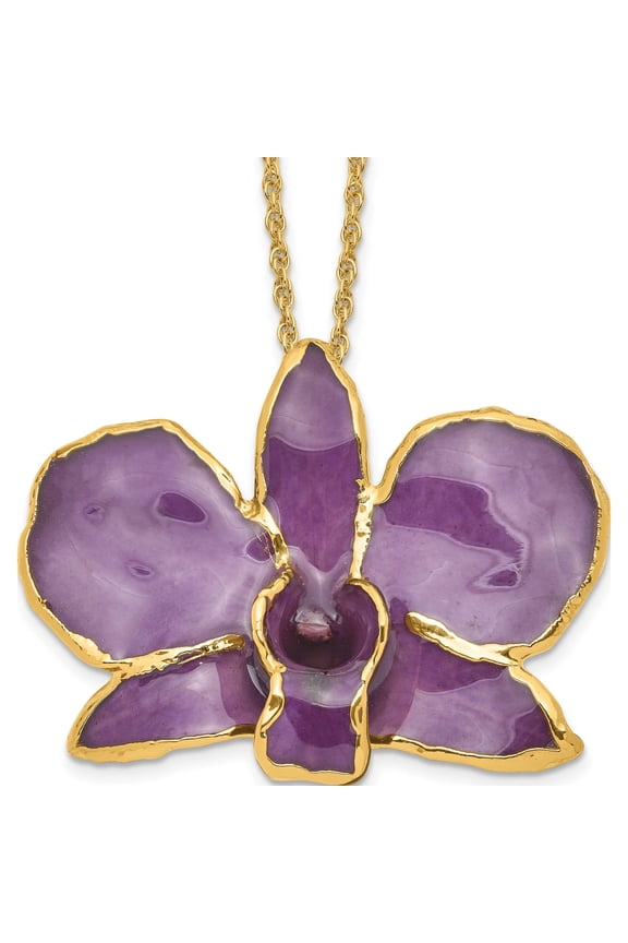 Fashion 24K Gold-Trim Lacquer Dipped Purple Dendrobium Orchid Gold-Tone Necklace Made In Thailand bf2020-20