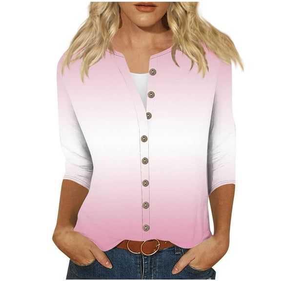Fashion 3/4 Sleeve Summer Tops for Womens 2024 Plus Size Printed Loose T-shirt Blouse Round Neck Buttons Tops Gifts for Womens