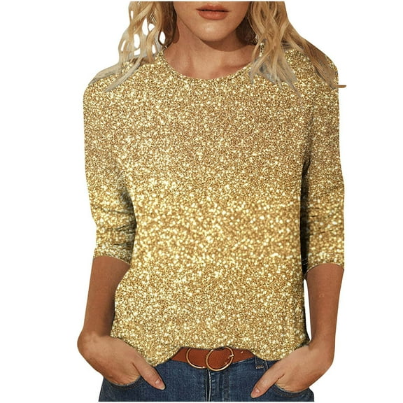 Fashion 3/4 Sleeve T Shirts for Womens Gradient Sequins Tunic Tops Casual Loose Crewneck Basic Tees